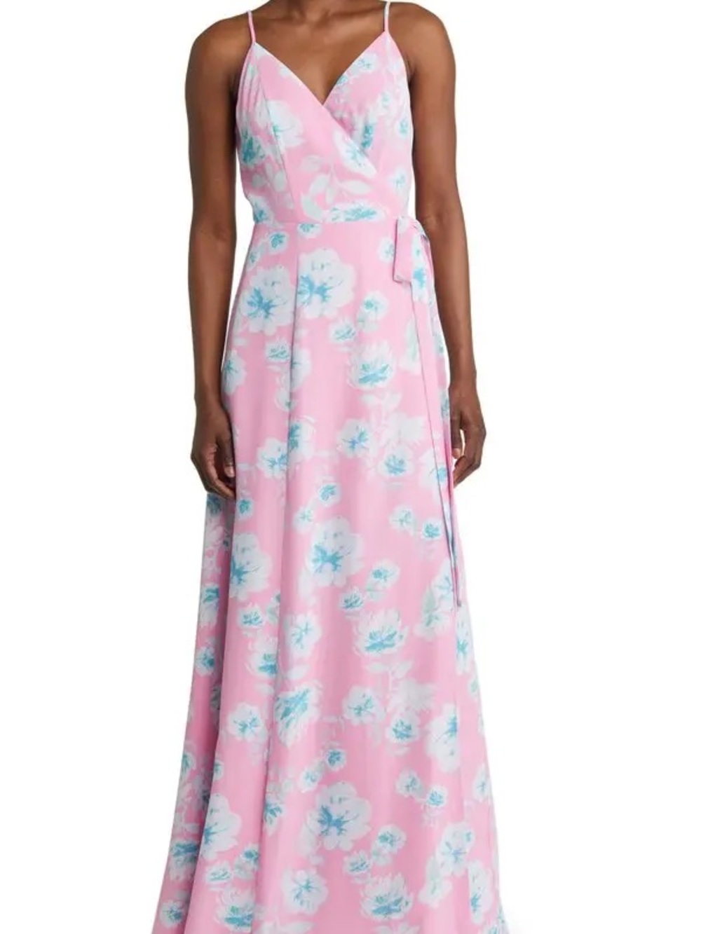 WAYF The Angelina PINK & BLUE Floral Crepe MAXI Dress WRAP GOWN Size XL